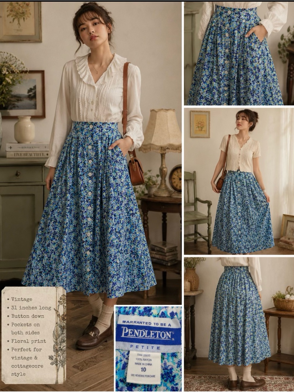 Vintage Y2K Pendleton Petite Floral Button Front Midi Skirt Pockets Blue 10P